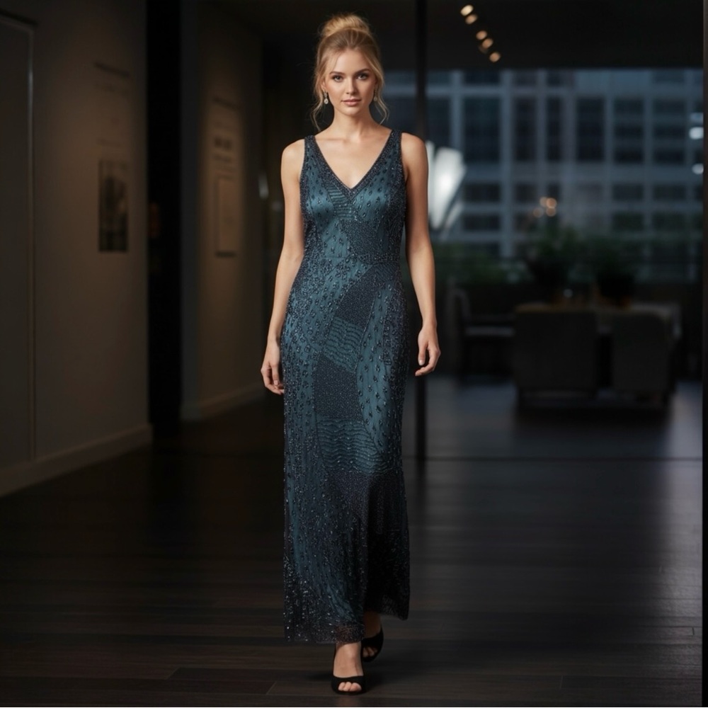 Vintage Beads Elegant Sleeveless Teal Sequin Evening  Gown With Fitted Bodice